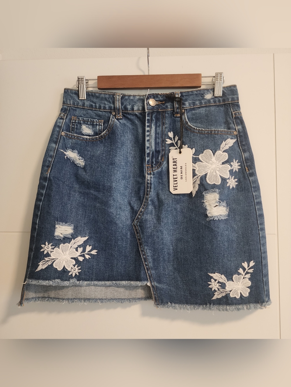 Velvet Heart Step Hem Embroidered Denim Skirt